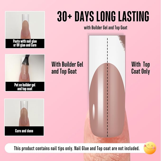 Long Sharp Square White French Tip Naili Tips Brown Pink 180
