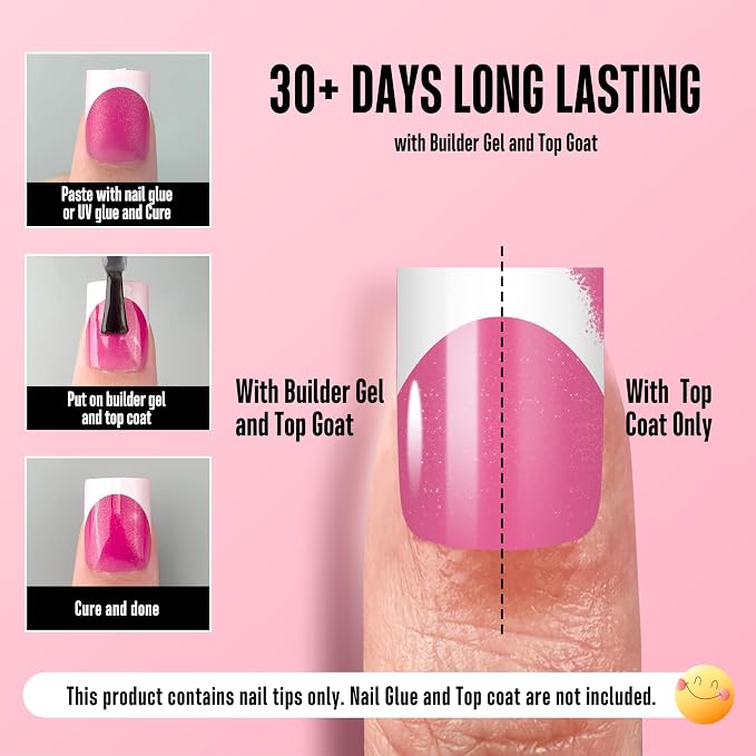 Short Sharp Square Nail Tips White French Tip ROSE PINK