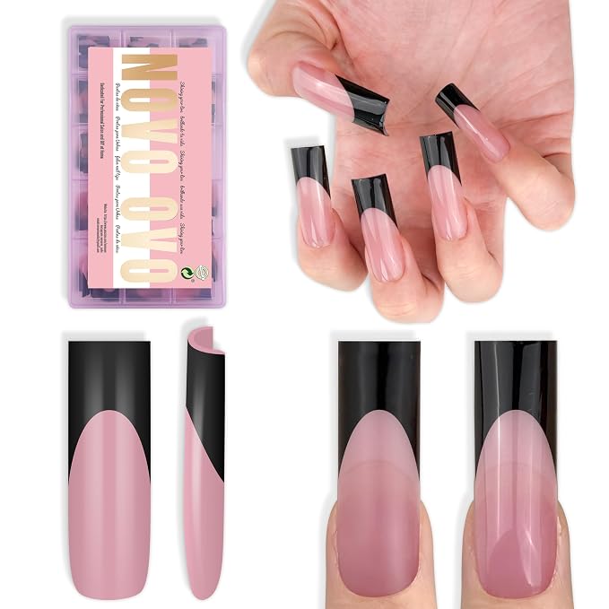 Long Sharp Square Black French Tip Nail Tips Berry Pink 180
