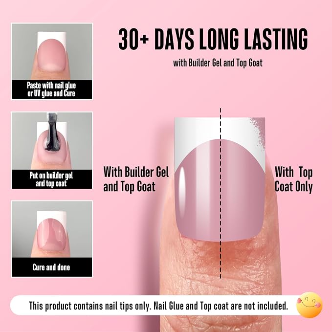 Short Sharp Square Nail Tips White French Tip BERRY PINK