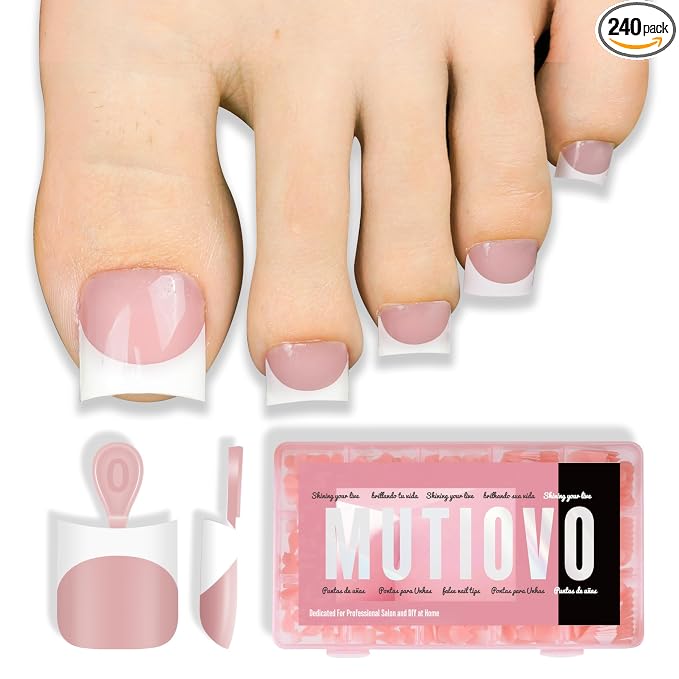 MUTIOVO Short Toe Nail White French Tip BABY PINK with Moon Curve