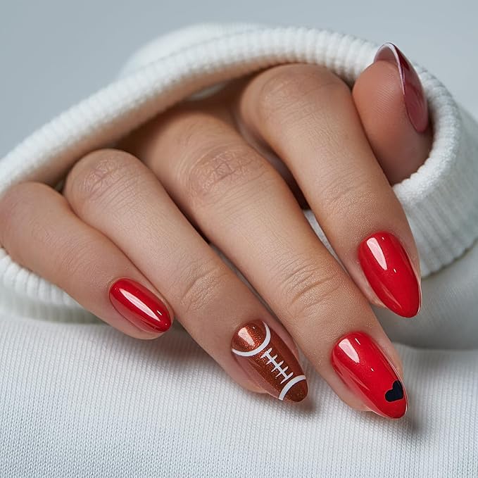 Pearl Red Nails with Football Accents