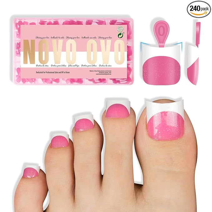 Short Sharp Square Toe Nail Tips with Moon Curve White French Tip Rose Pink