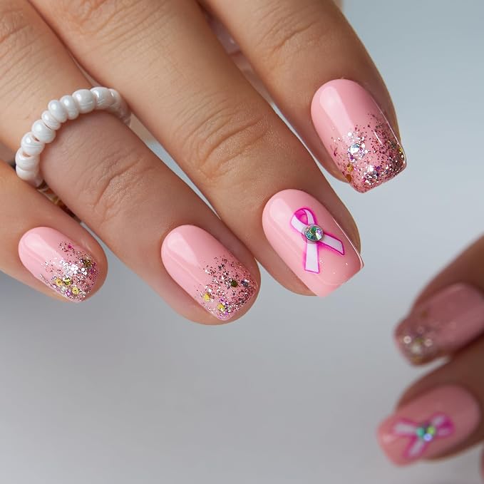 Pink Glitter Nails with Rhinestones