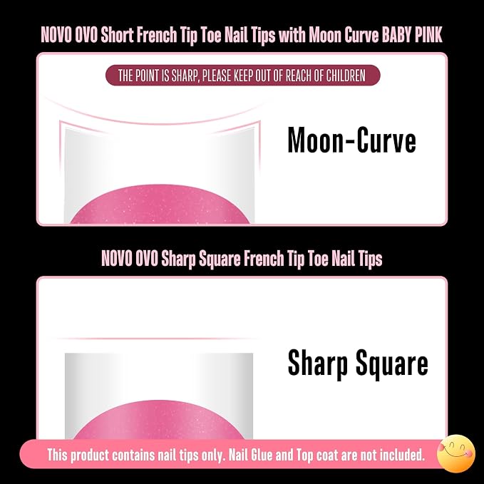 Short Sharp Square Toe Nail Tips with Moon Curve White French Tip Rose Pink