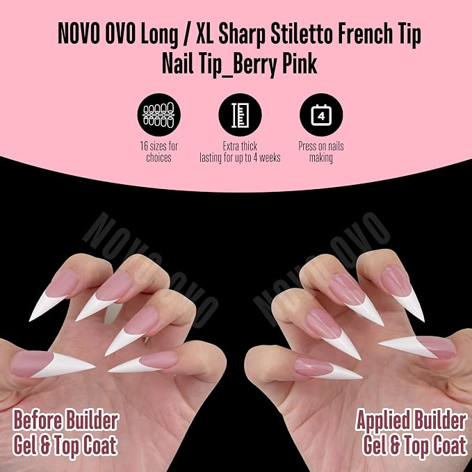 Long XL Sharp Stiletto White French Tip Nail Tips Berry Pink