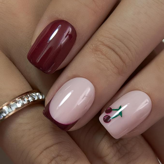 Cherry Accent Solid French Manicure