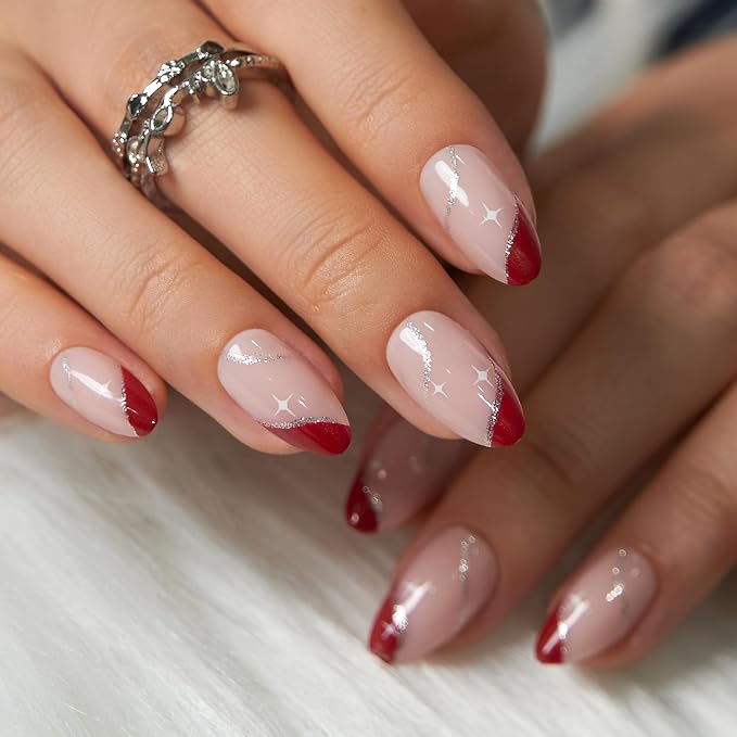 E9 - Red Matte French Nails with Glitter Stripes