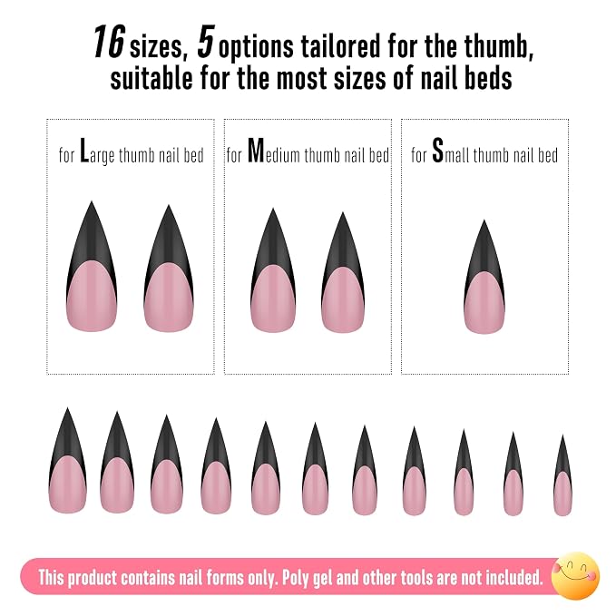 Medium or Long Black French Tip Sharp Stiletto Nail Tips Berry Pink