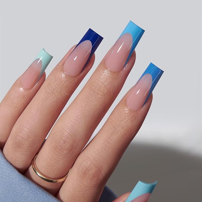 03 L - Square Blue French in Pink Base