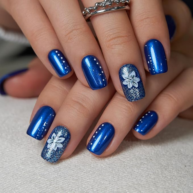 Blue Nails with White Flowers
