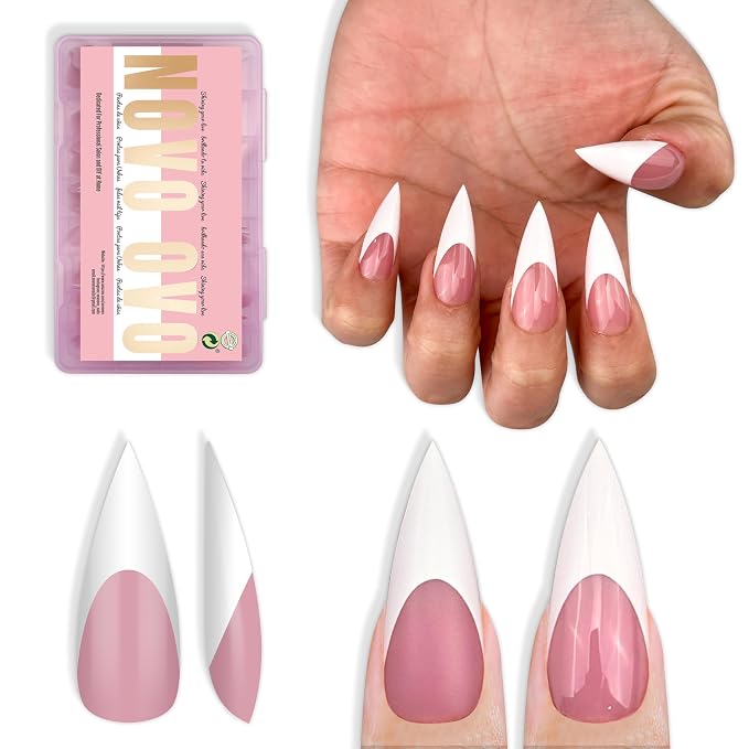 Medium or Long White French Tip Sharp Stiletto Nail Tips Berry Pink