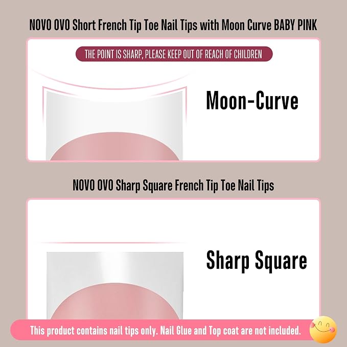 Short Sharp Square Toe Nail Tips with Moon Curve White French Tip Baby Pink