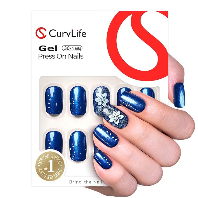 Blue Nails with White Flowers