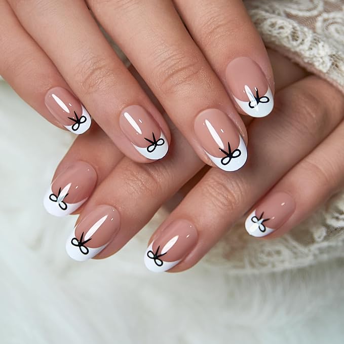 C9 - French Nails with Black Bows