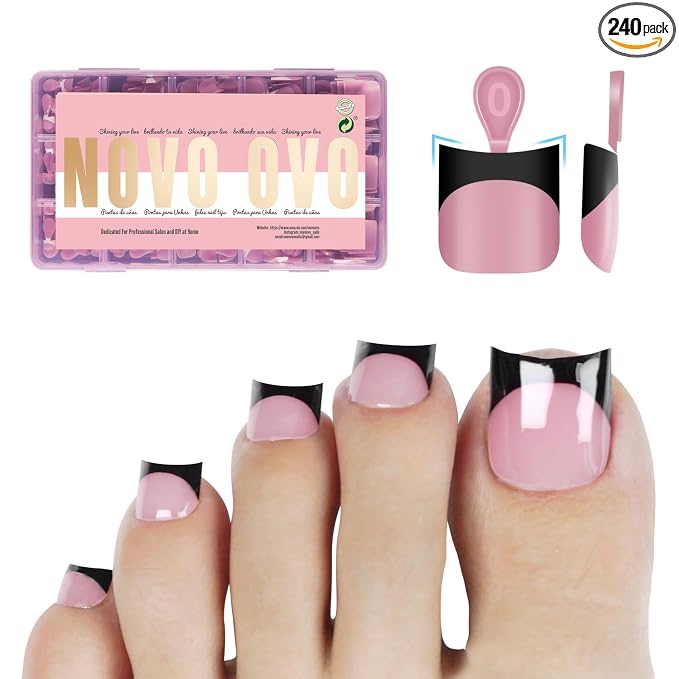 Short Sharp Square Toe Nail Tips with Moon Curve Black French Tip Berry Pink