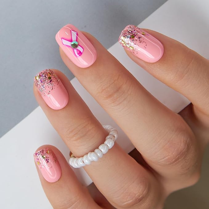 Pink Glitter Nails with Rhinestones