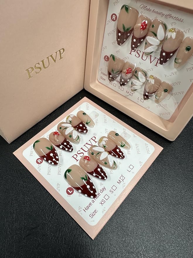3D Strawberry mushroom Daisy French Tip Press On Nails