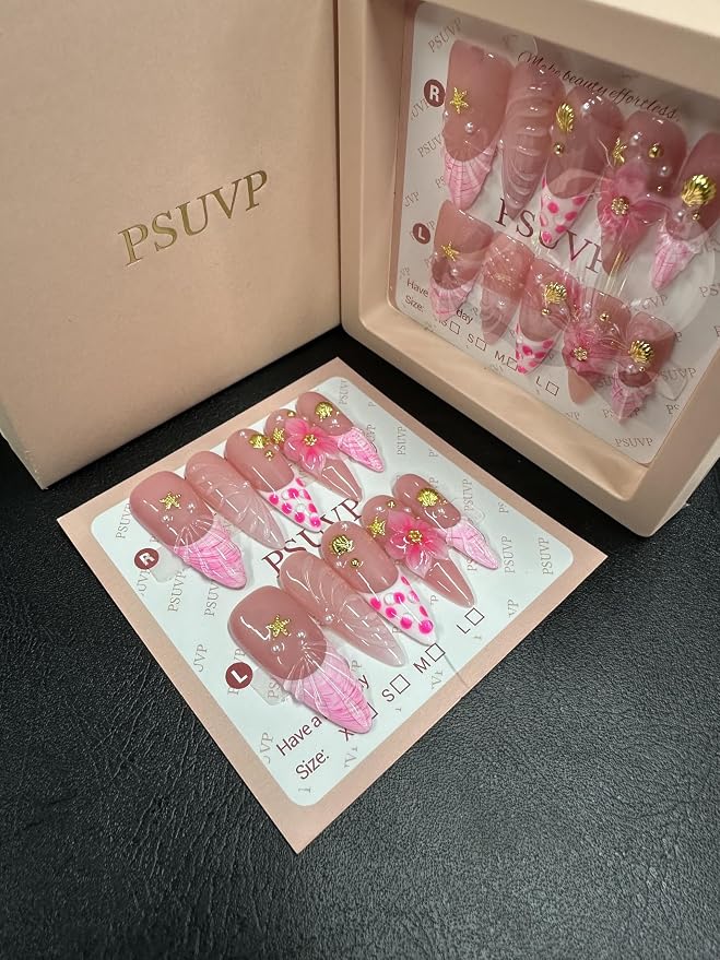 3D Tropical Dopamine Kawaii Pink Polka Dot (Beach Series) Handmade Nails