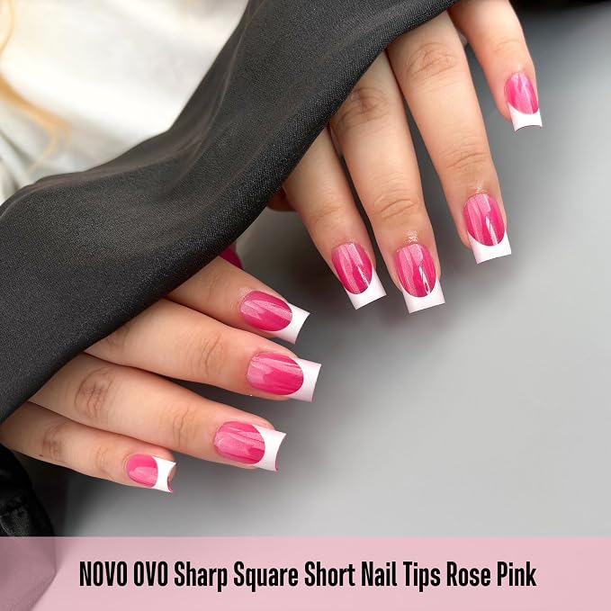 Short Sharp Square Nail Tips White French Tip ROSE PINK