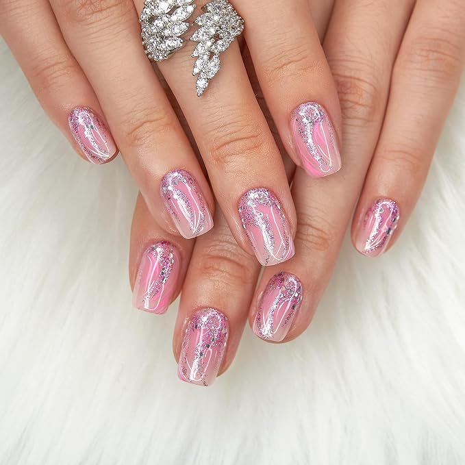 Pink Nails with Glitter Lines