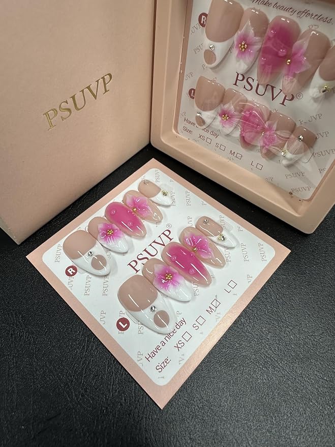 3D magenta flower almond-style manicure Press On Nails