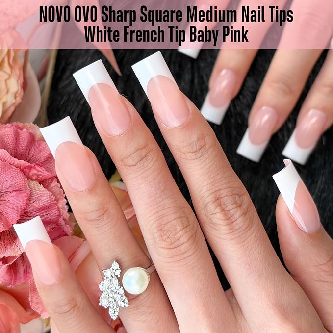 Sharp Square White French Tip Baby Pink
