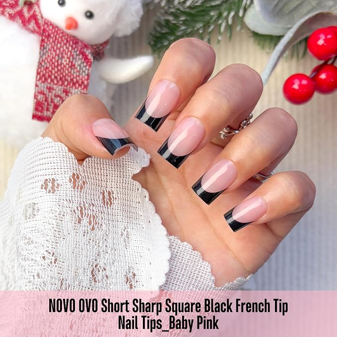 Short Sharp Square Nail Tips Black French Tip BABY PINK