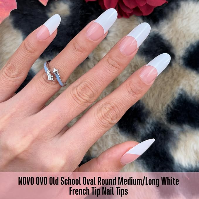 Medium/Long Oval Round Old School White French Tip Baby Pink 240