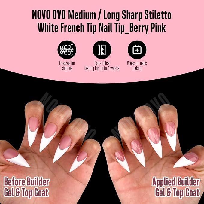 Medium or Long White French Tip Sharp Stiletto Nail Tips Berry Pink