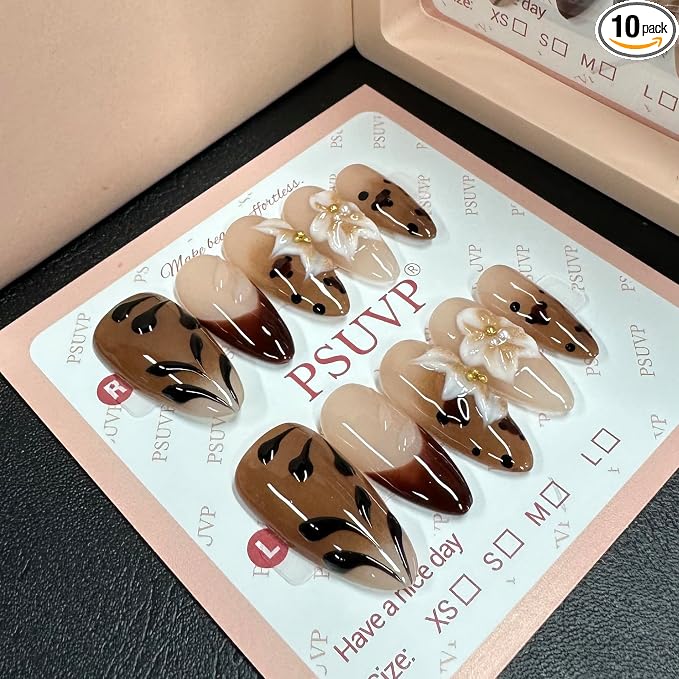 3D Brown flowered Almond Press On Nails