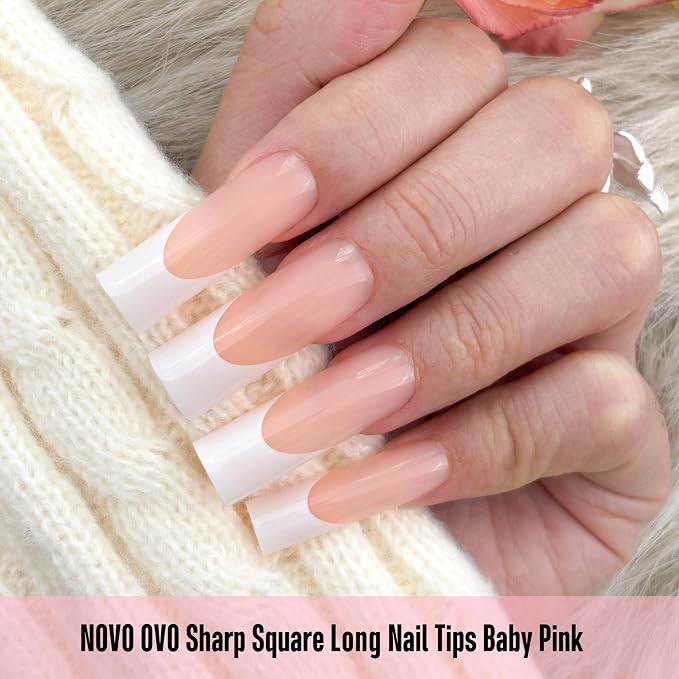 Long Sharp Square White French Tip Nail Tips Baby Pink 180
