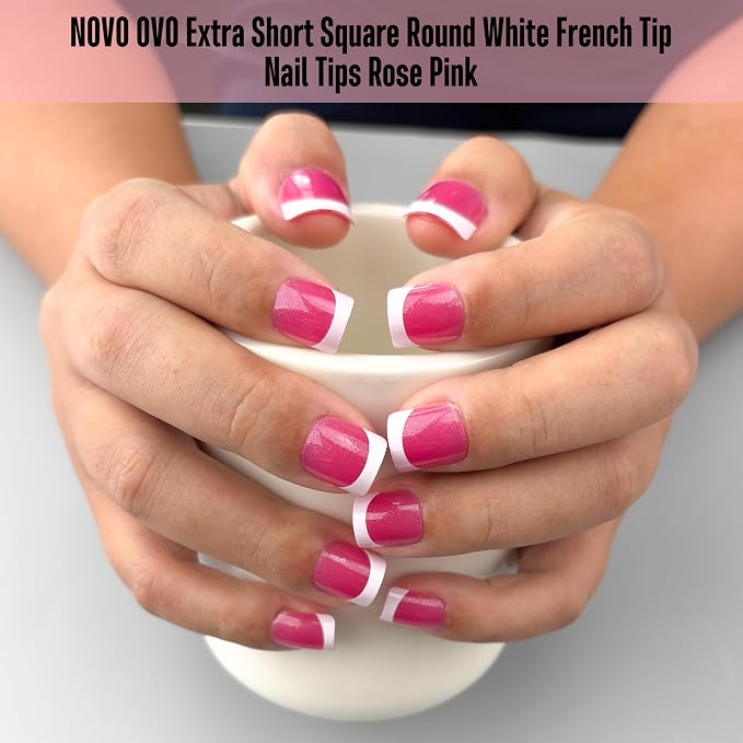 XXS Extra Short Square Round White French Tip ROSE PINK