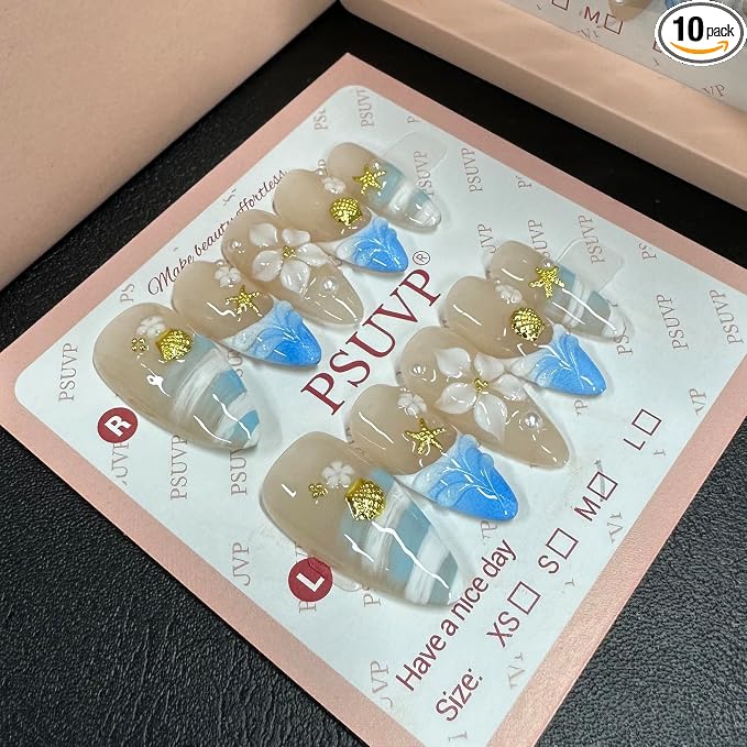 3D Summer Beach Gold Star Fake Nails