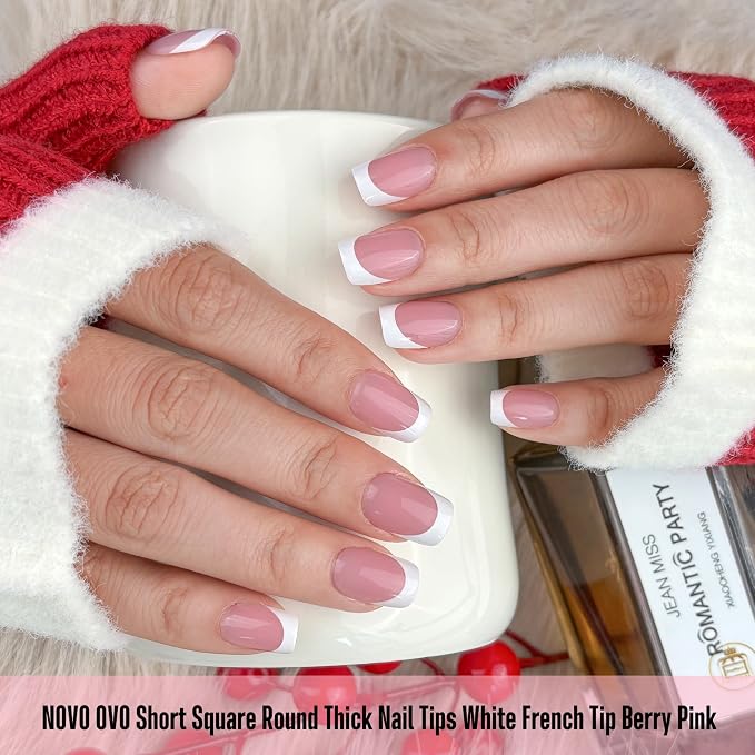 Square Round Short White French Tips Berry Pink