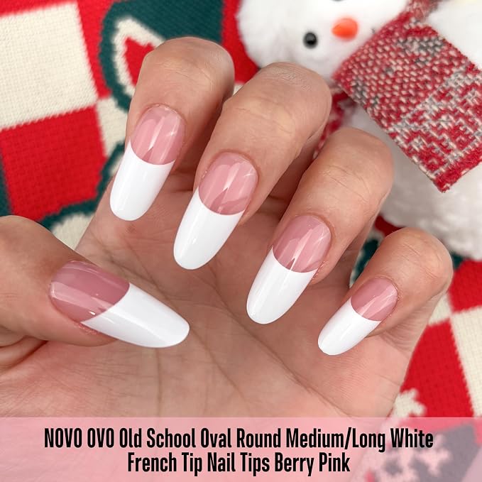 Medium/Long Oval Round Old School White French Tip Berry Pink 240