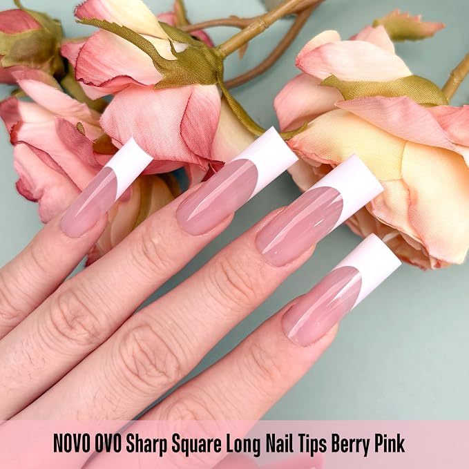 Long Sharp Square White French Tip Nail Tips Berry Pink 180