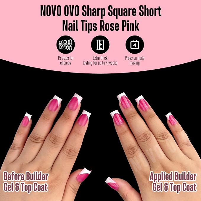 Short Sharp Square Nail Tips White French Tip ROSE PINK