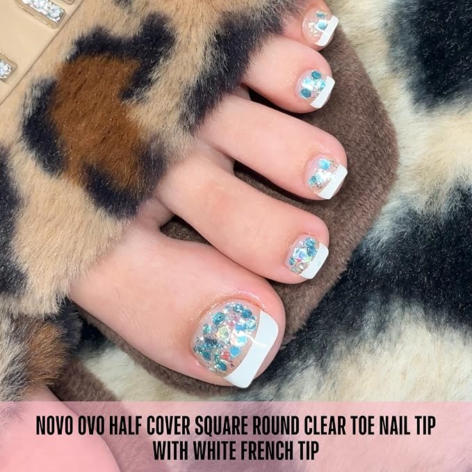 Half Cover Round Clear Toe nail tip with White French Tip