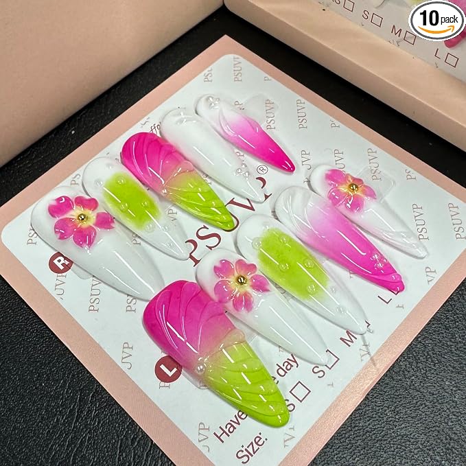 3D White, green, Magenta + Magenta flowers nails