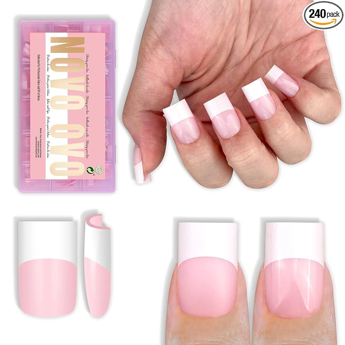 Short Sharp Square Nail Tips Wide White French Tip Milky Pink