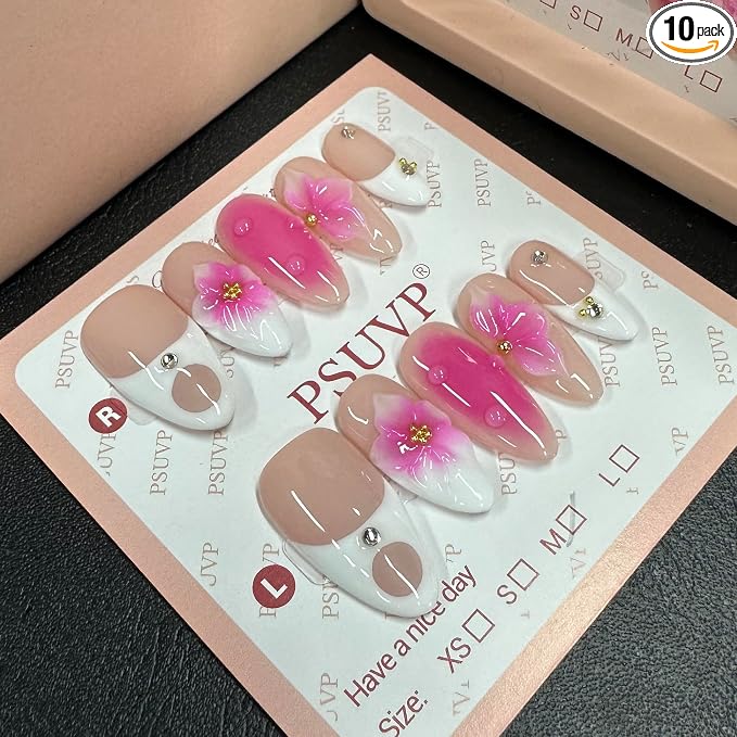 3D magenta flower almond-style manicure Press On Nails