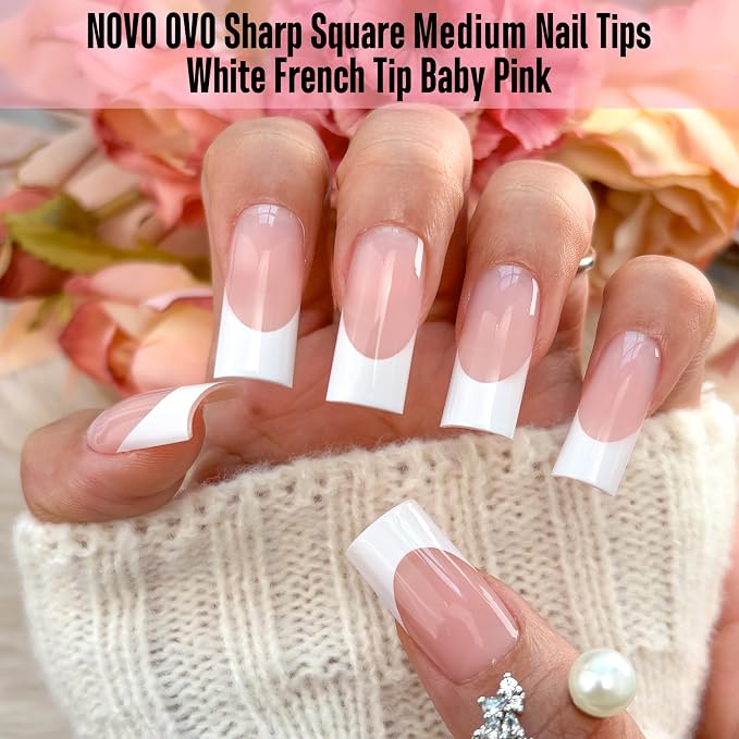 Sharp Square White French Tip Baby Pink