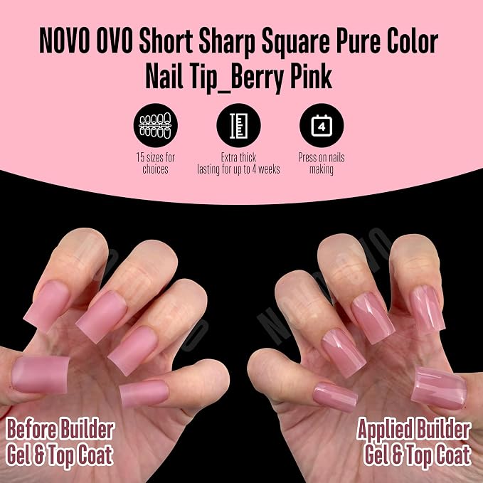 Short Sharp Square Nail Tips Pure Color Berry Pink