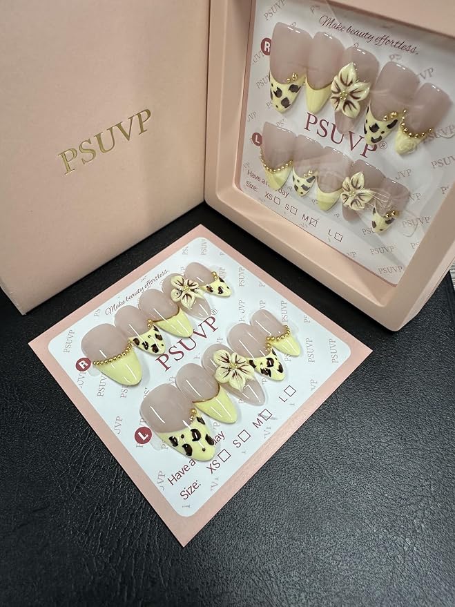 3D Yellow Aesthetic leopard print flower nails