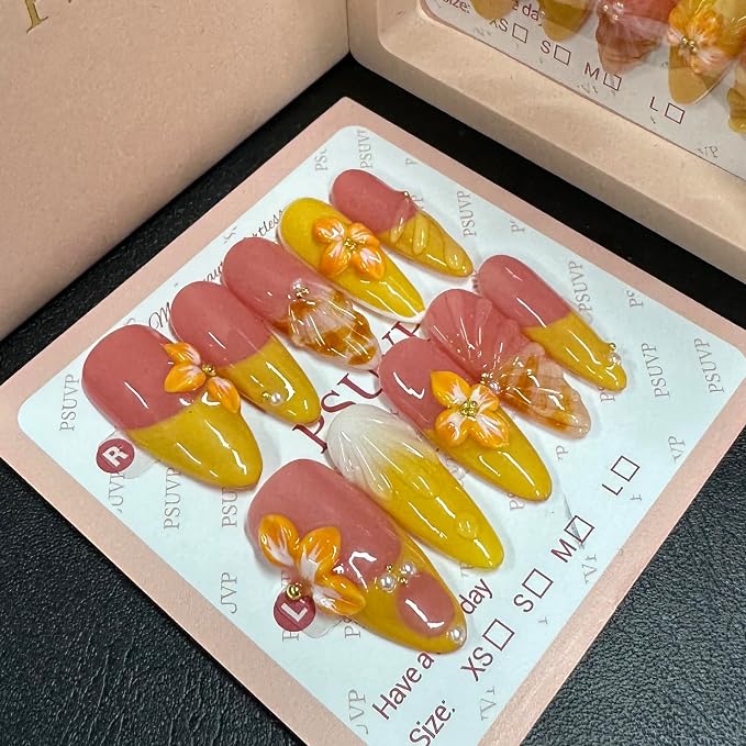 3D orange and yellow flowers Sunset Bloom French Tip Press On Nails