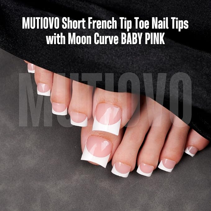 MUTIOVO Short Toe Nail White French Tip BABY PINK with Moon Curve