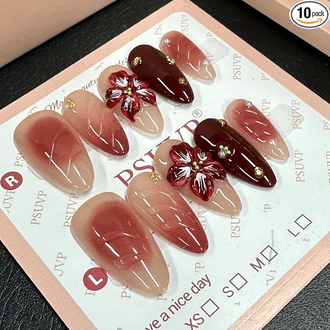3D Wine Red Flora Glam Cherry Red Handmade Press On Nails