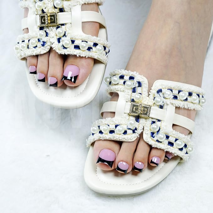 Short Sharp Square Toe Nail Tips with Moon Curve Black French Tip Berry Pink