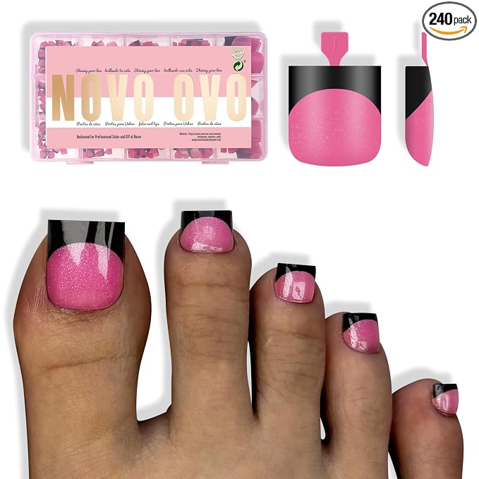 Sharp Square Toe Nail Tips Black French Tip Rose Pink